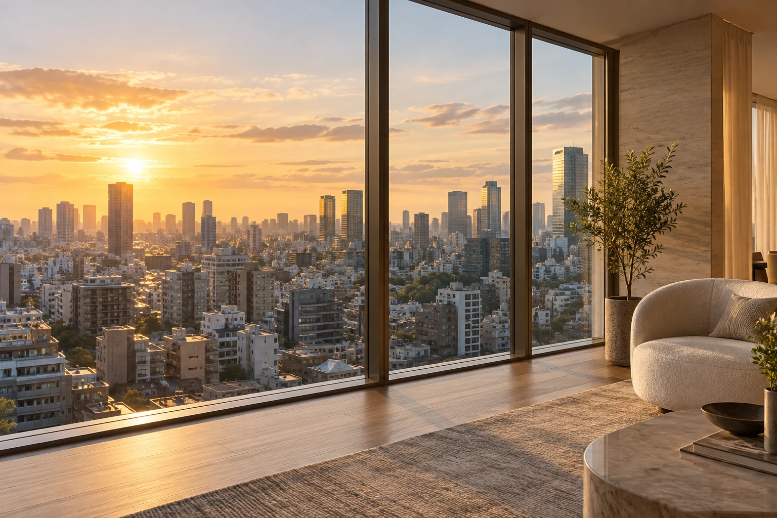 温かな夕日が差し込む住まいと、窓の向こうに広がる都市の風景