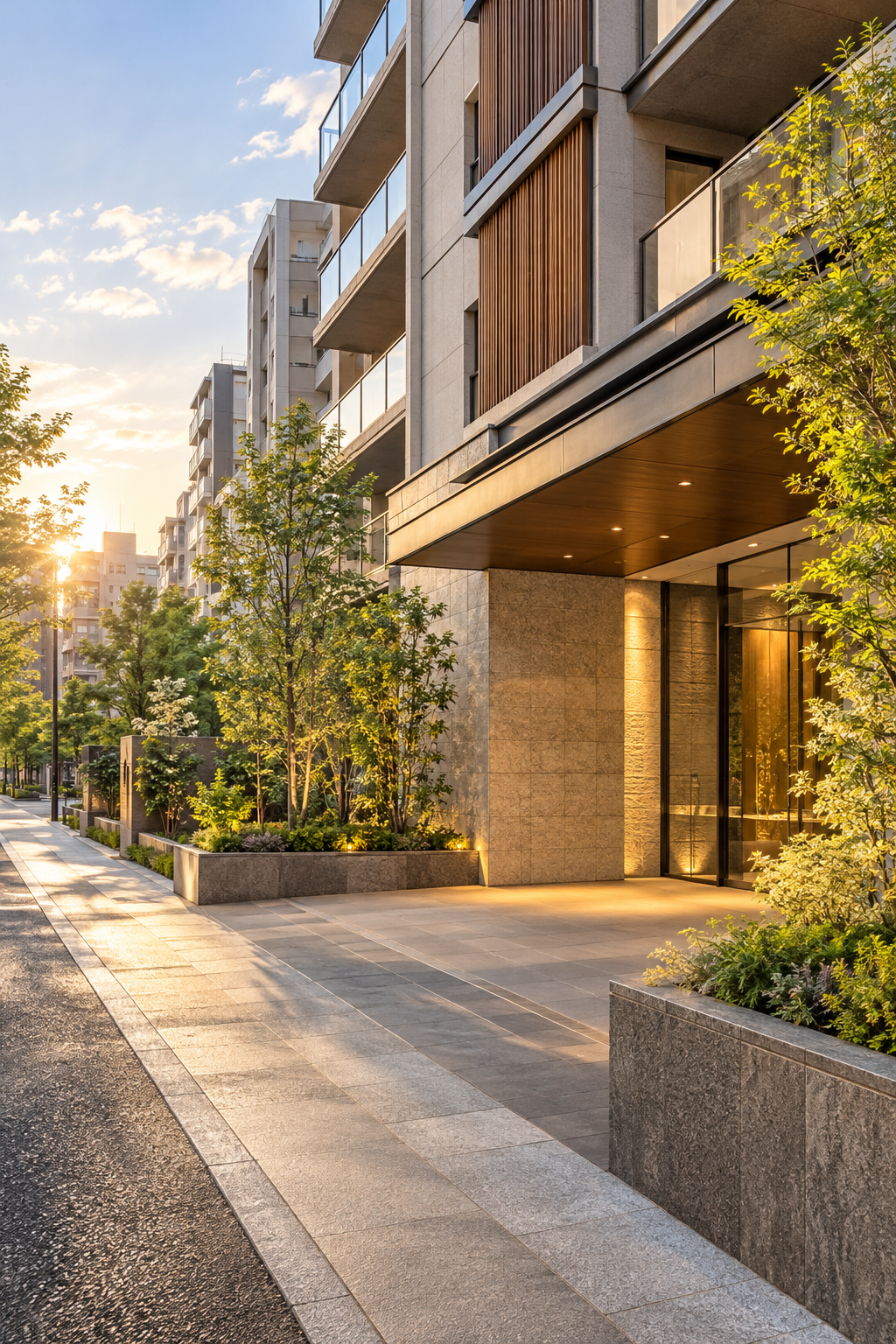温かな光に包まれた都市型マンションのエントランス