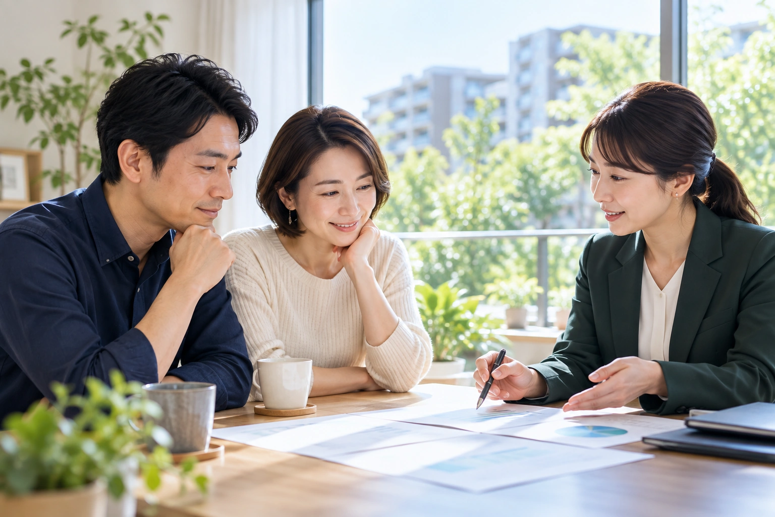 不動産購入に必要な資料を一緒に確認する様子